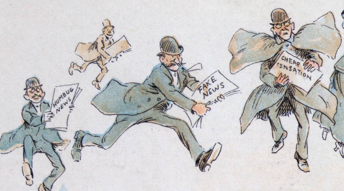 Karikatura z roku 1894: muž s balíky falešných zpráv spěchá k tiskařskému stroji